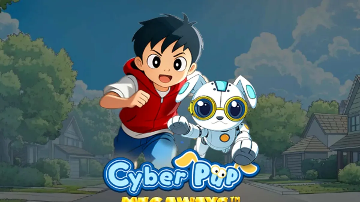 Tampilan layar permainan slot Cyber Pup Megaways dengan tema futuristik dan karakter anjing robot.