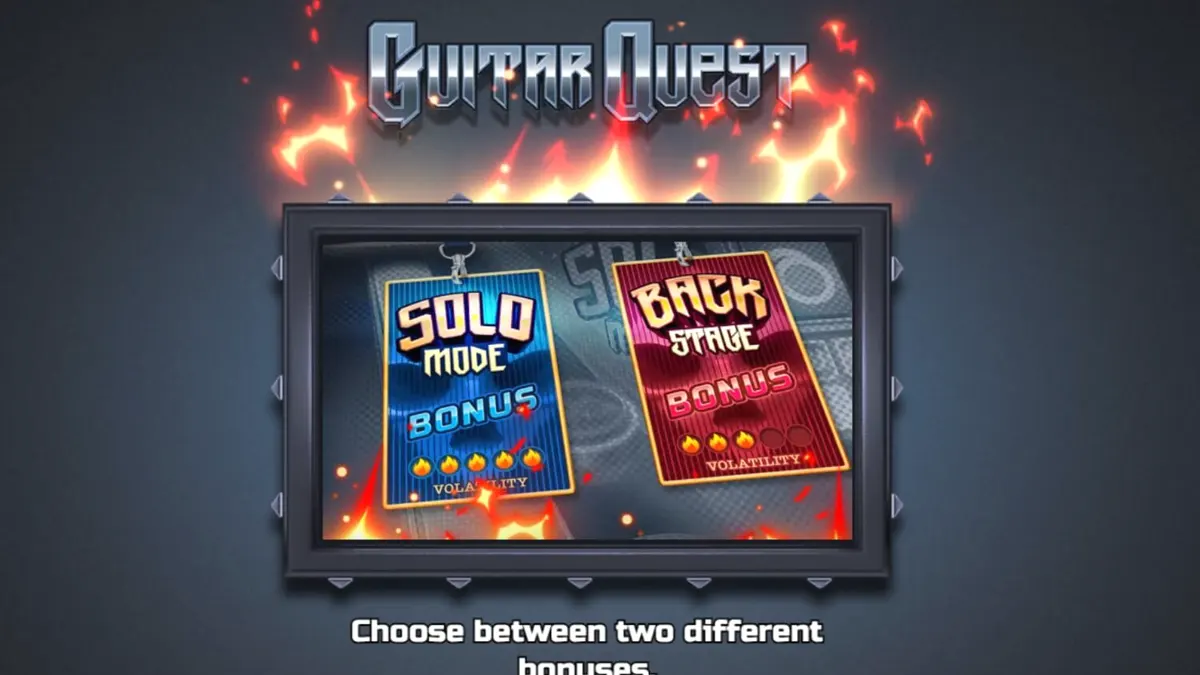 Tampilan visual slot Guitar Quest dengan tema garasi rock dan instrumen musik